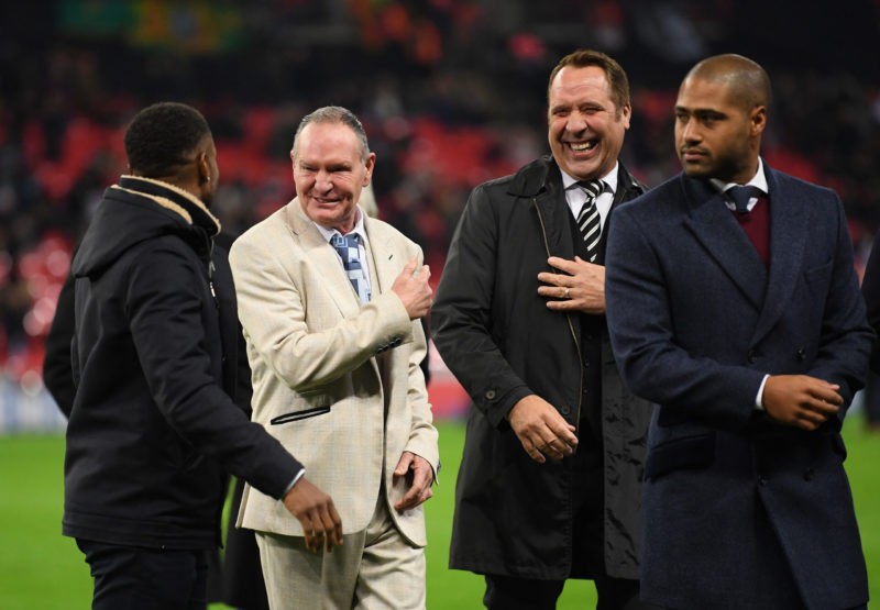 LONDON, ENGLAND - NOVEMBER 14: Paul Gascoigne, Jermaine Defoe and David Seaman share a joke at half-time during the UEFA Euro 2020 qualifier betwee...