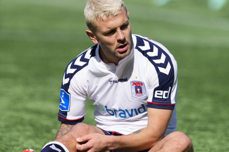 Aarhus Gymnastikforening's English midfielder Jack Wilshere reacts during the Danish Superliga match between FC Nordsjaelland and AGF, in Farum, Denmark, on April 10, 2022. - - Denmark OUT (Photo by Claus Bech / Ritzau Scanpix / AFP) / Denmark OUT (Photo by CLAUS BECH/Ritzau Scanpix/AFP via Getty Images)