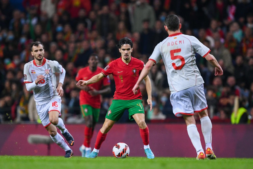 PORTO, PORTUGAL: Vitinha of Portugal in action during the 2022 FIFA World Cup Qualifier knockout round play-off match between Portugal and North Macedonia at Estadio do Dragao on March 29, 2022. (Photo by Octavio Passos/Getty Images)