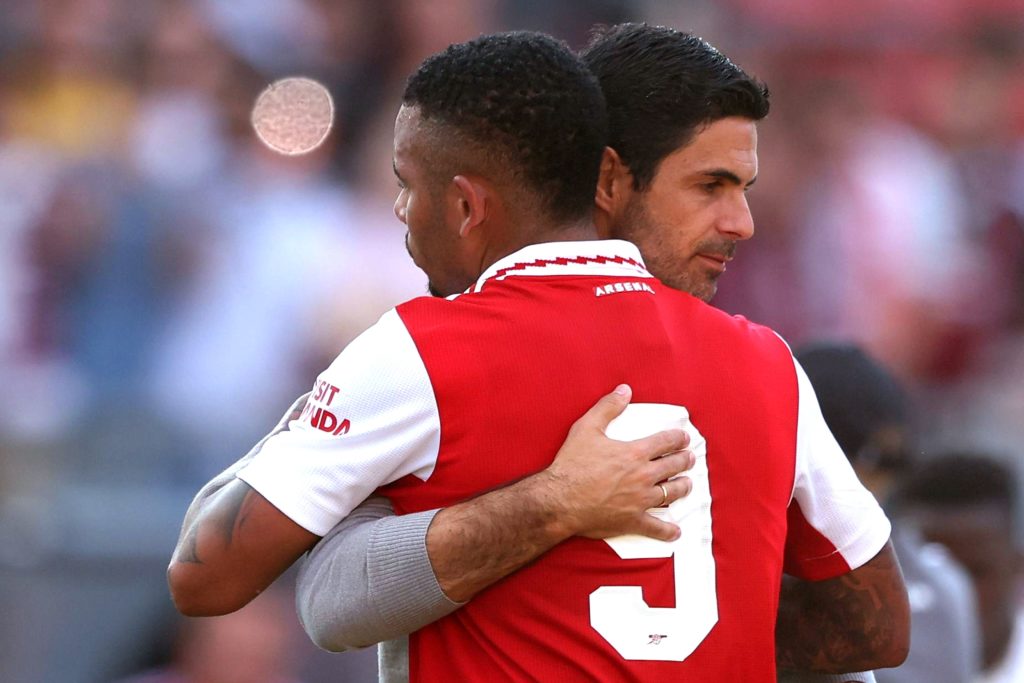 NUREMBERG, GERMANY - JULY 08: Gabriel Jesus of Arsenal reacts with head coach Mikel Arteta after the pre-season friendly match between 1. FC Nürnberg and Arsenal F.C. at Max-Morlock-Stadion on July 08, 2022 in Nuremberg, Germany. (Photo by Alexander Hassenstein/Getty Images)