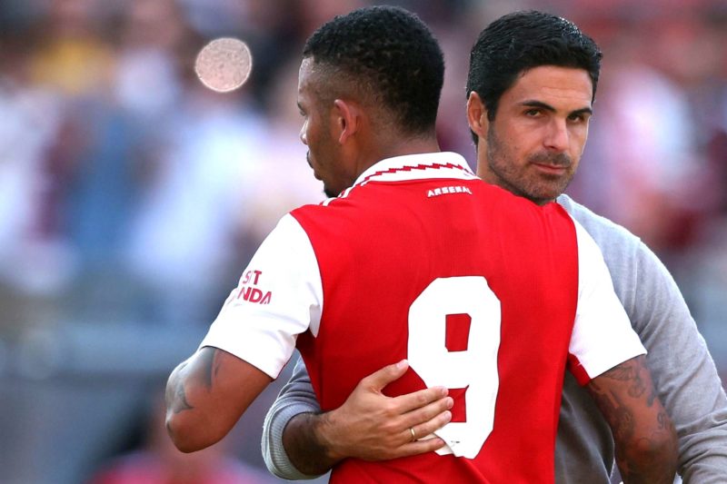 NUREMBERG, GERMANY - JULY 08: Gabriel Jesus of Arsenal reacts with head coach Mikel Arteta after the pre-season friendly match between 1. FC Nürnbe...