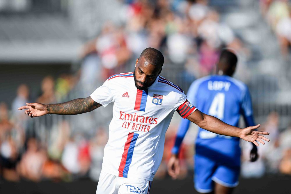 Alexandre Lacazette after scoring for Lyon in a friendly against Bourg en Bresse Peronnas