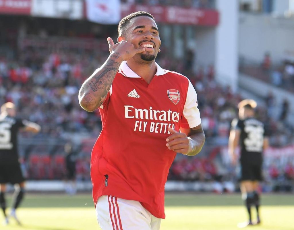 Gabriel Jesus celebrates his second goal on his pre-season debut for Arsenal (Photo via Arsenal.com)