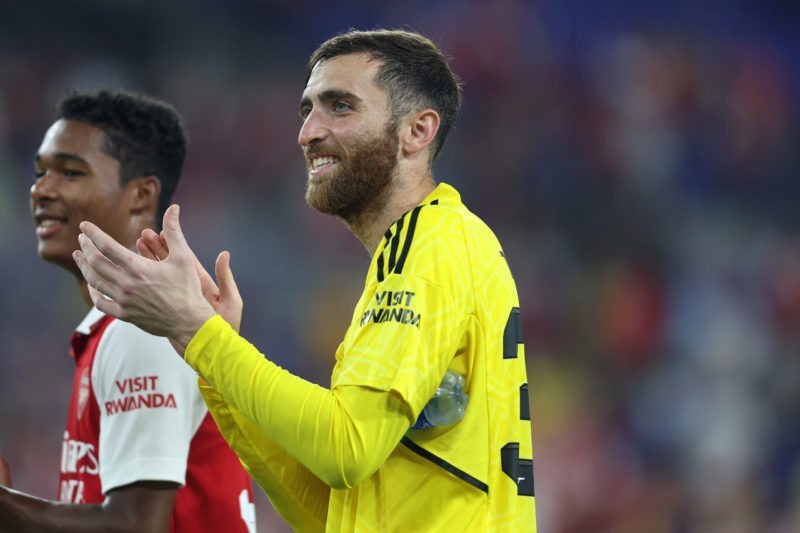 BALTIMORE, MARYLAND - JULY 16: Goal keeper Matt Turner of Arsenal applauds the crowd following their 2-0 win over Everton during a preseason friendly at M&T Bank Stadium on July 16, 2022 in Baltimore, Maryland. (Photo by Rob Carr/Getty Images)