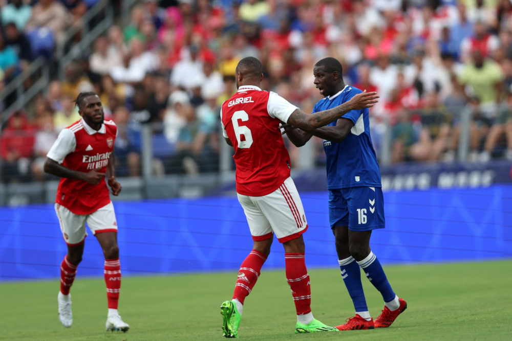 BALTIMORE, MARYLAND: Gabriel Magalhaes #6 of Arsenal and Abdoulaye Doucouré #16 of Everton exchange words in the first half during a preseason frie...