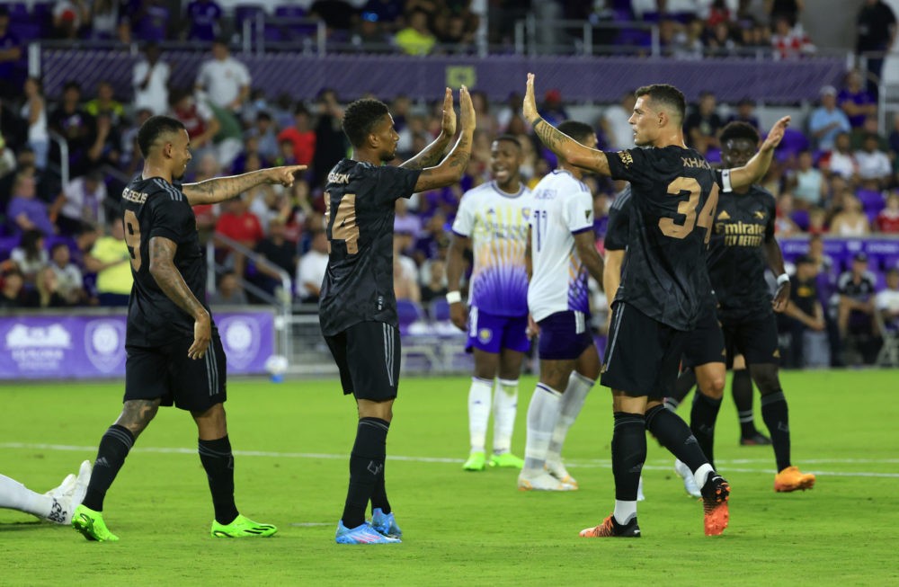 ORLANDO, FLORIDA: Reiss Nelson #24 of Arsenal celebrates a goal during a Florida Cup friendly against Orlando City at Exploria Stadium on July 20, ...