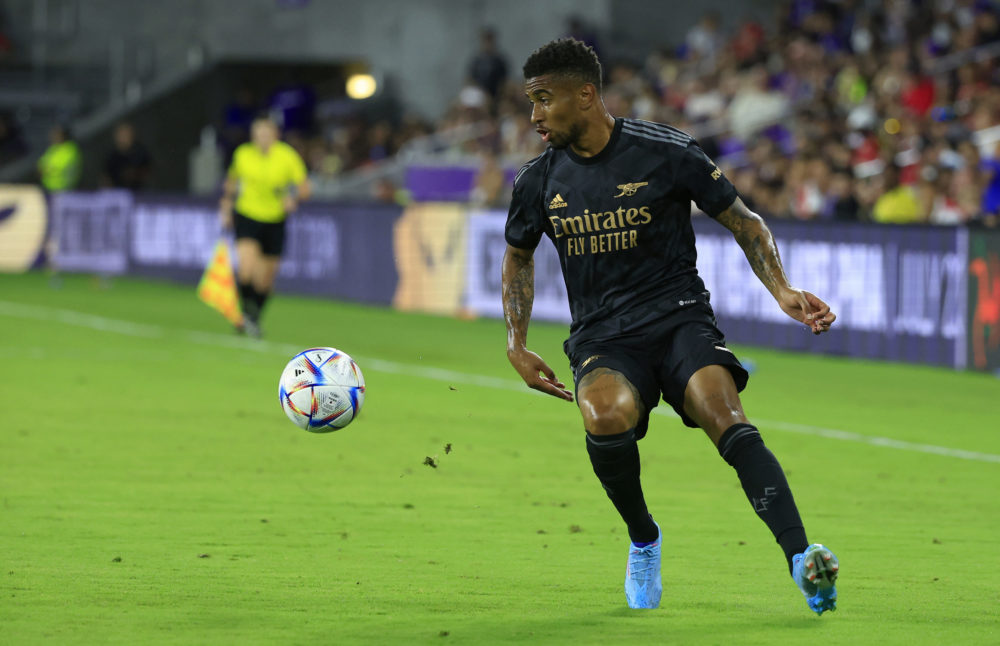 ORLANDO, FLORIDA: Reiss Nelson #24 of Arsenal looks to pass during a Florida Cup friendly against Orlando City at Exploria Stadium on July 20, 2022...