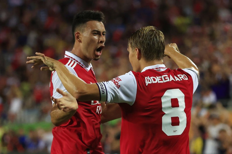ORLANDO, FLORIDA - JULY 23: Martin Odegaard of Arsenal celebrates with teammate Gabriel Martinelli after scoring their side's second goal during th...