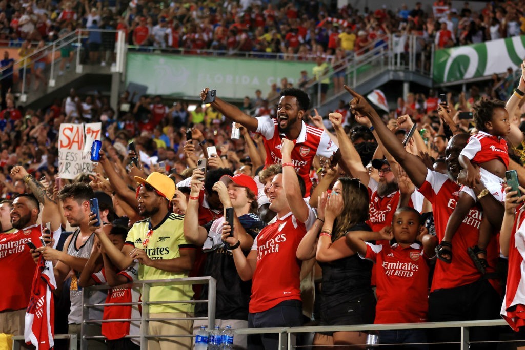 Arsenal Barcelona friendly at Emirates in discussion 3 ORLANDO, FLORIDA - JULY 23: Arsenal fans show their support during the Florida Cup match between Chelsea and Arsenal at Camping World Stadium on July 23, 2022 in Orlando, Florida. (Photo by Sam Greenwood/Getty Images)