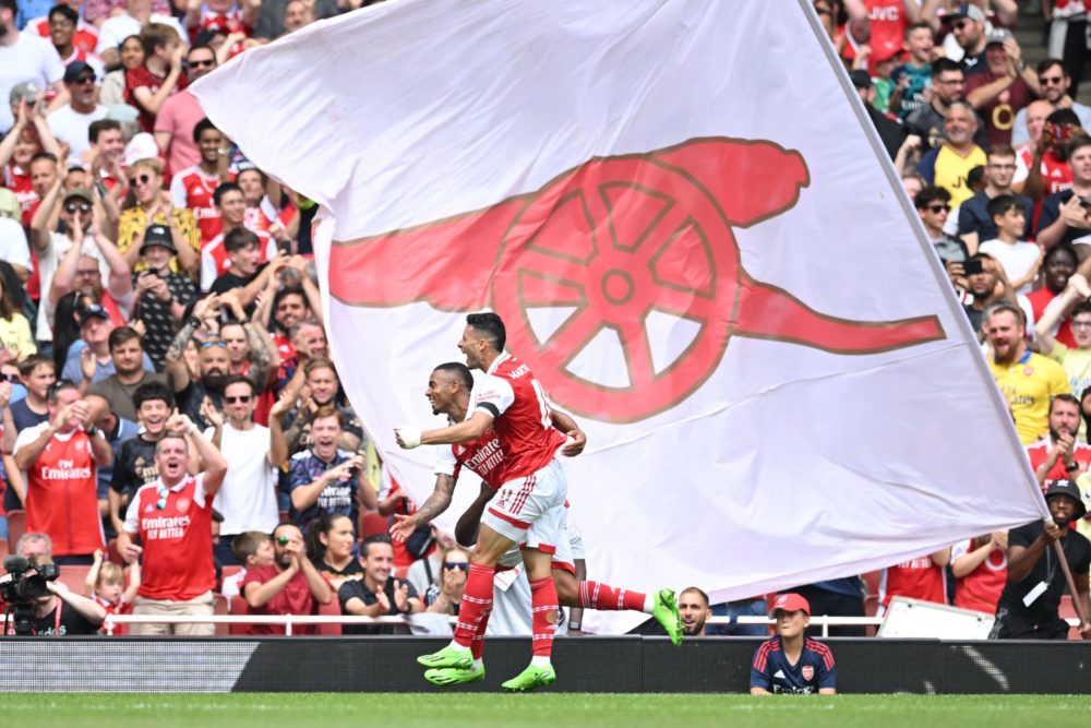 Arsenal's Brazilian forward Gabriel Jesus (back) celebrates with Gabriel Martinelli after scoring his team's fifth goal during a club-friendly foot...