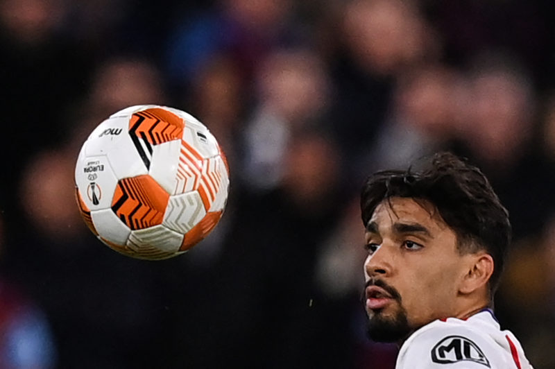 Lyon's Brazilian midfielder Lucas Paqueta eyes the ball during the UEFA Europa League quarter final first leg football match between West Ham Unite...