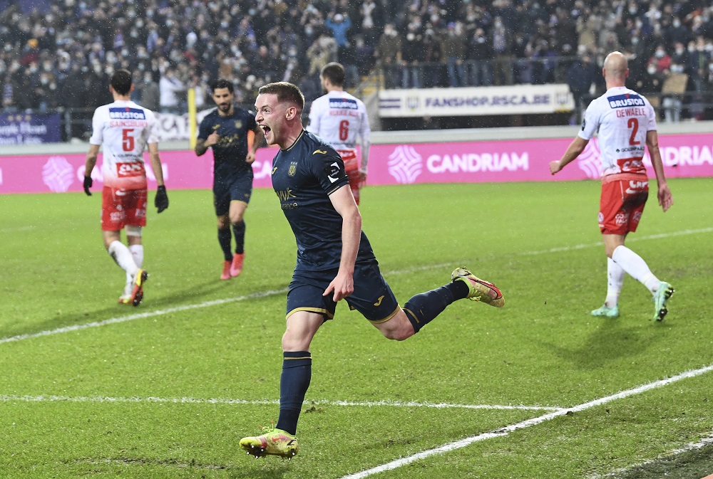 Anderlecht's Sergio Gomez celebrates after scoring during a soccer game between RSC Anderlecht and KV Kortrijk, Thursday 23 December 2021 in Anderlecht, in the quarter-final of the 'Croky Cup' Belgian soccer cup. (Photo by JOHN THYS/BELGA MAG/AFP via Getty Images)