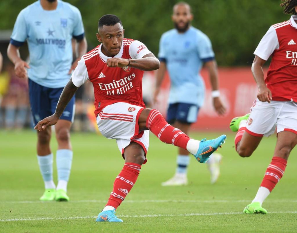Marquinhos playing for Arsenal in pre-season (Photo via Arsenal.com)