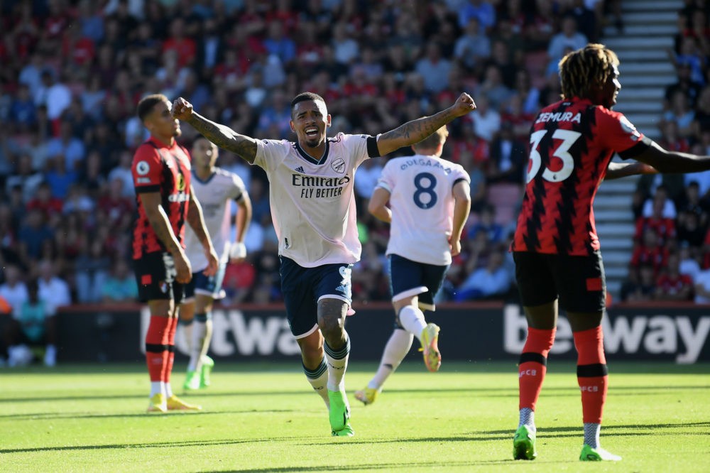 BOURNEMOUTH, ENGLAND: Gabriel Jesus of Arsenal celebrates their teams second goal scored by Martin Oedegaard during the Premier League match betwee...