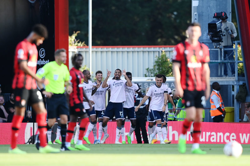 Arsenal players sing Saliba song in dressing room 2 BOURNEMOUTH, ENGLAND - AUGUST 20: William Saliba of Arsenal celebrates their sides third goal with team mates during the Premier League match between AFC Bournemouth and Arsenal FC at Vitality Stadium on August 20, 2022 in Bournemouth, England. (Photo by Alex Davidson/Getty Images)