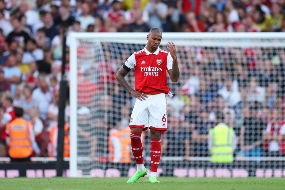 LONDON, ENGLAND: Gabriel Magalhaes of Arsenal reacts as Aleksandar Mitrovic of Fulham (not pictured) scores their side's first goal during the Prem...