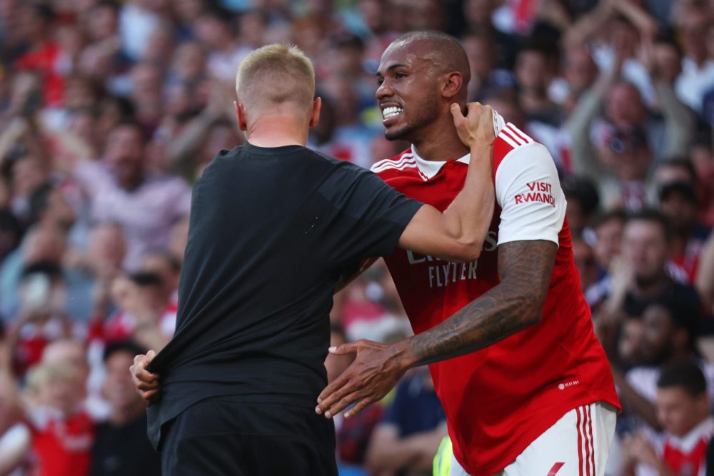 LONDON, ENGLAND: Gabriel Magalhaes of Arsenal celebrates his side's second goal with teammate Oleksandr Zinchenko during the Premier League match b...