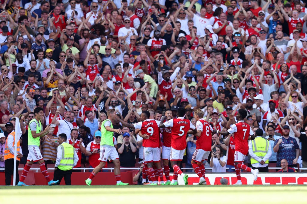 LONDON, ENGLAND - AUGUST 13: Granit Xhaka of Arsenal celebrates with teammates after scoring their side's third goal during the Premier League match between Arsenal FC and Leicester City at Emirates Stadium on August 13, 2022 in London, England. (Photo by Alex Pantling/Getty Images)