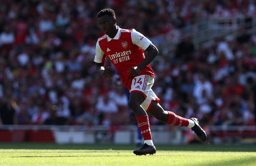 LONDON, ENGLAND: Eddie Nketiah of Arsenal during the Premier League match between Arsenal FC and Leicester City at Emirates Stadium on August 13, 2...