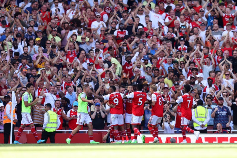 LONDON, ENGLAND - AUGUST 13: Granit Xhaka of Arsenal celebrates with teammates after scoring their side's third goal during the Premier League matc...