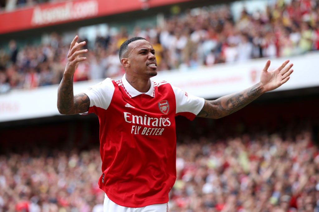 LONDON, ENGLAND: Gabriel Magalhaes of Arsenal celebrates after scoring their team's fourth goal during the Premier League match between Arsenal and Everton at Emirates Stadium on May 22, 2022. (Photo by Marc Atkins/Getty Images)