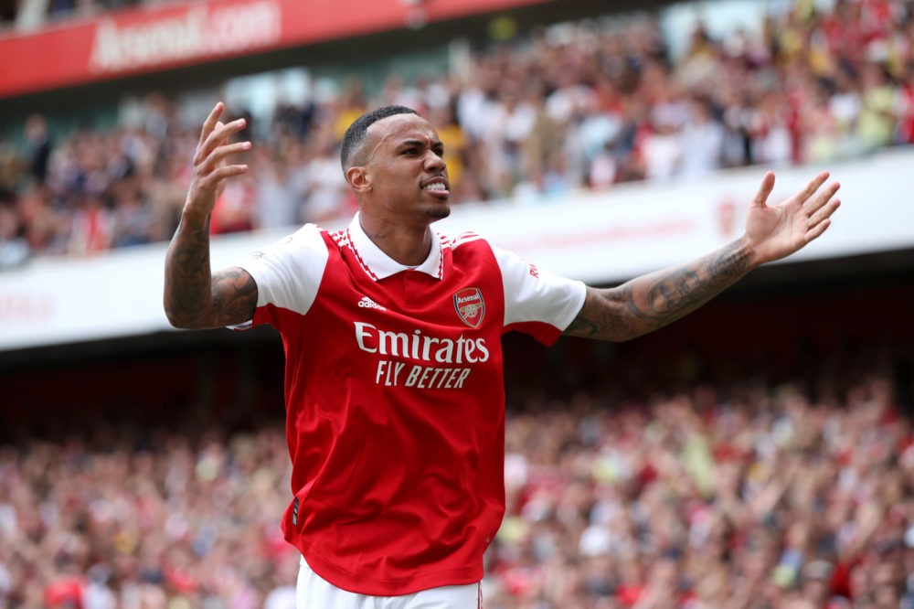 LONDON, ENGLAND: Gabriel Magalhaes of Arsenal celebrates after scoring their team's fourth goal during the Premier League match between Arsenal and...