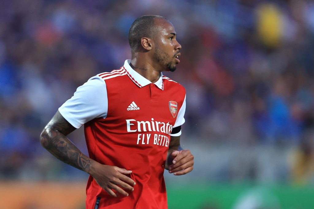 ORLANDO, FLORIDA: Gabriel Magalhaes of Arsenal looks on during the Florida Cup match between Chelsea and Arsenal at Camping World Stadium on July 23, 2022. (Photo by Sam Greenwood/Getty Images)