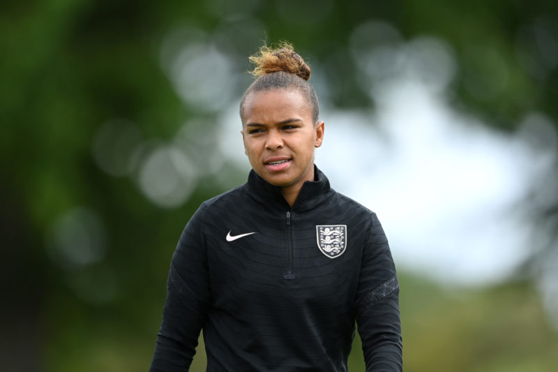 TEDDINGTON, ENGLAND - JULY 25: Nikita Parris of England looks on during the UEFA Women's Euro England 2022 England training session at The Lensbury on July 25, 2022 in Teddington, England. (Photo by Alex Davidson/Getty Images)