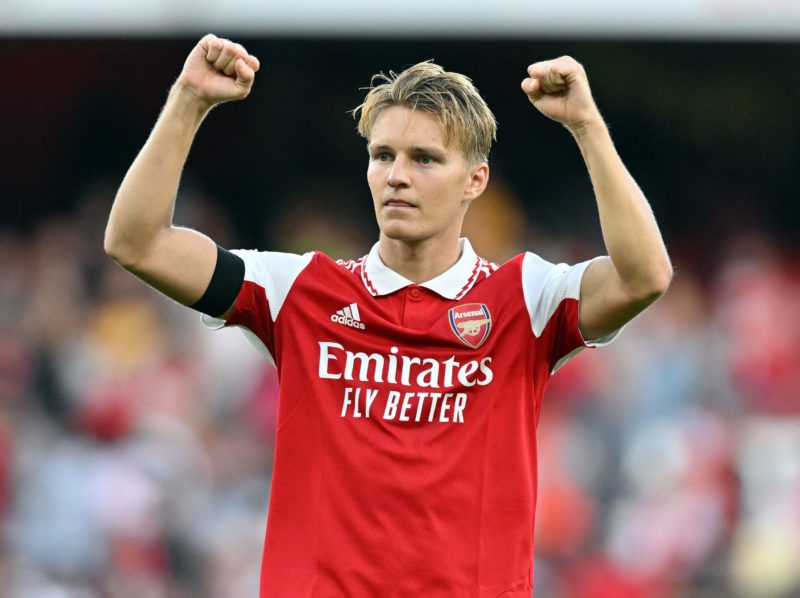 Arsenal's Norwegian midfielder Martin Odegaard celebrates after the English Premier League football match between Arsenal and Fulham at the Emirate...