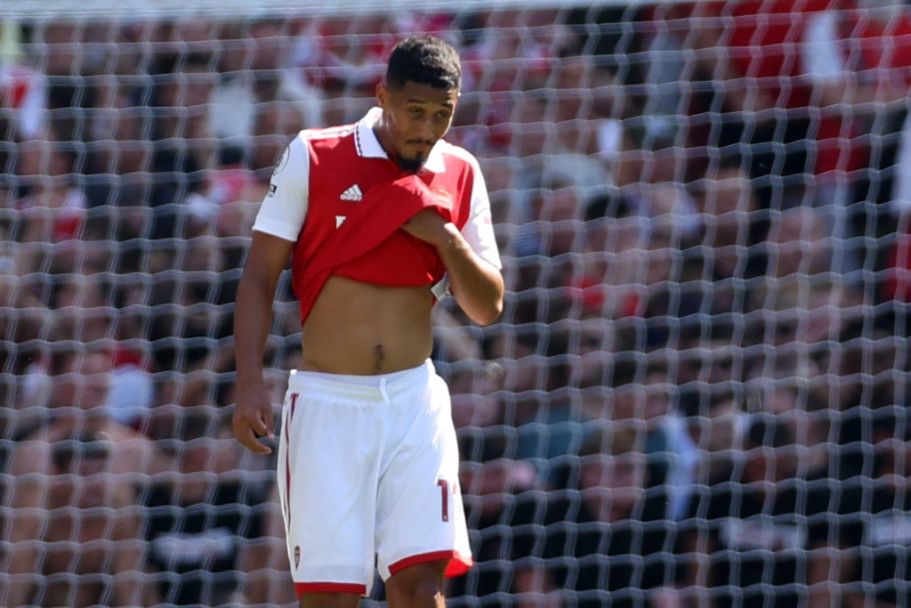 Arsenal's French defender William Saliba reacts after scoring an own goal during the English Premier League football match between Arsenal and Leicester City at the Emirates Stadium in London on August 13, 2022. (Photo by ADRIAN DENNIS/AFP via Getty Images)