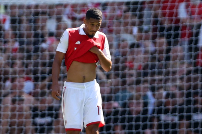 Arteta hails Saliba and Arsenal fans for response after OG 2 Arsenal's French defender William Saliba reacts after scoring an own goal during the English Premier League football match between Arsenal and Leicester City at the Emirates Stadium in London on August 13, 2022. (Photo by ADRIAN DENNIS/AFP via Getty Images)