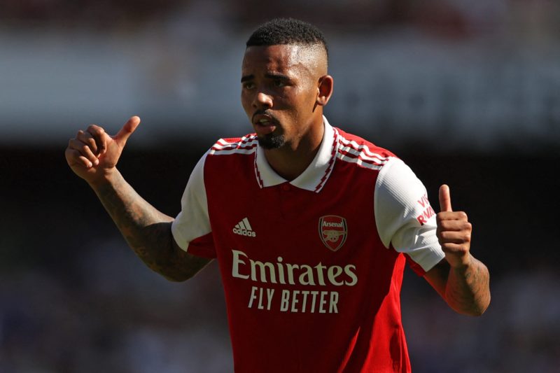 Arsenal's Brazilian striker Gabriel Jesus gestures during the English Premier League football match between Arsenal and Leicester City at the Emira...