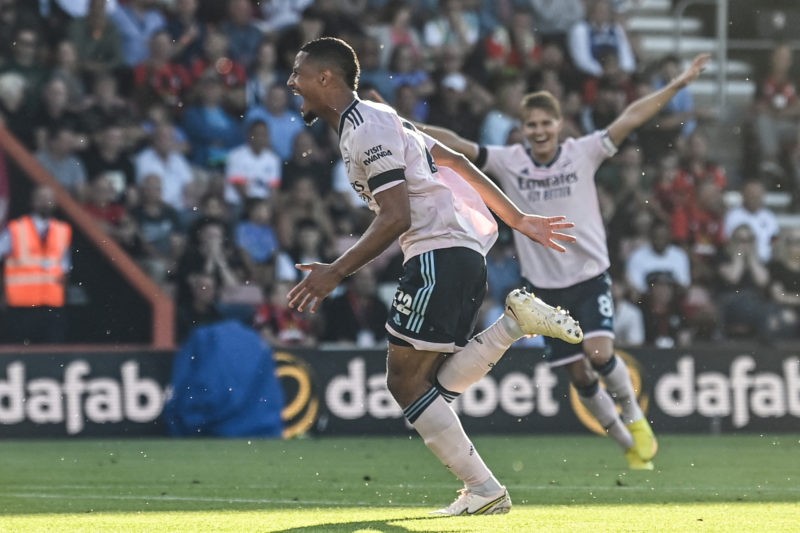 Arsenal's French defender William Saliba (C) celebrates after scoring his team third goal during the English Premier League football match between ...