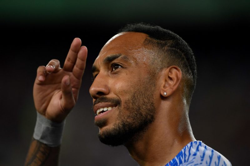 Barcelona's Gabonese midfielder Pierre-Emerick Aubameyang gestures before the start of the friendly football match between FC Barcelona and Manches...