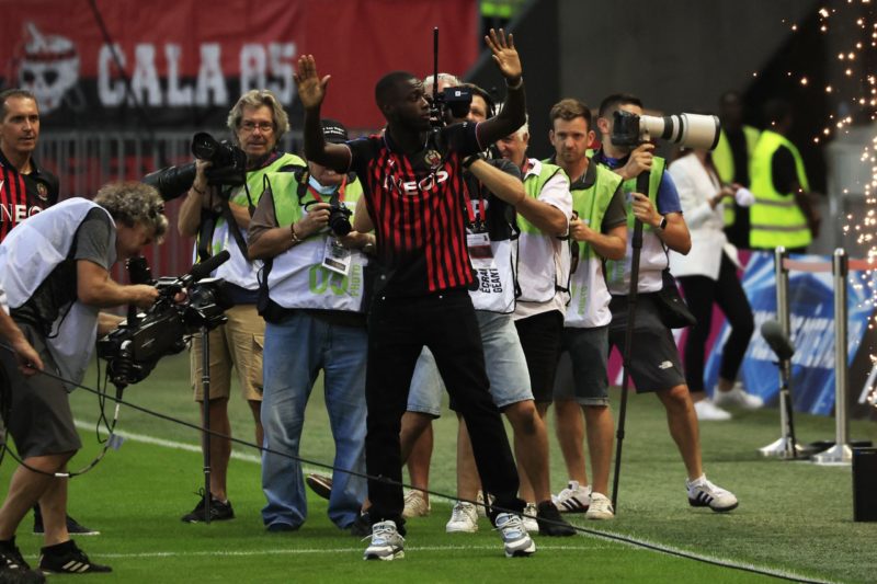 Nice's new recruit Ivorian forward Nicolas Pepe is presented during the UEFA Conference League play-off second leg football match between OGC Nice ...