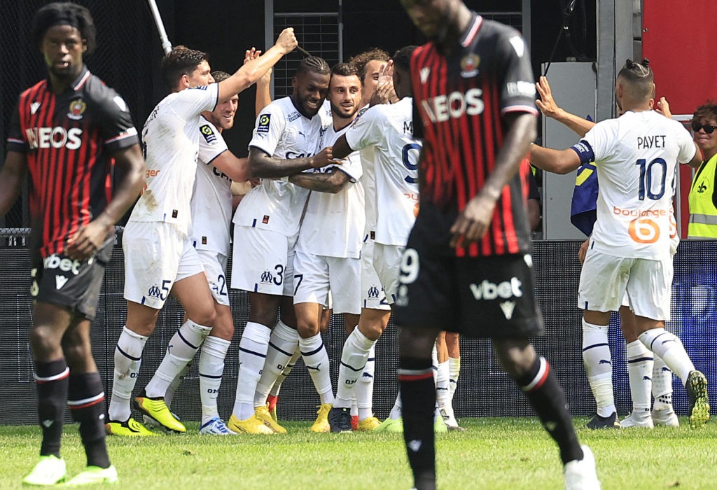 Marseille's Portuguese defender Nuno Tavares (C) celebrates after scoring a goal during the French L1 football match between OGC Nice and Olympique Marseille (OM) at the Allianz Riviera Stadium in Nice, south-eastern France, on August 28, 2022. (Photo by VALERY HACHE/AFP via Getty Images)