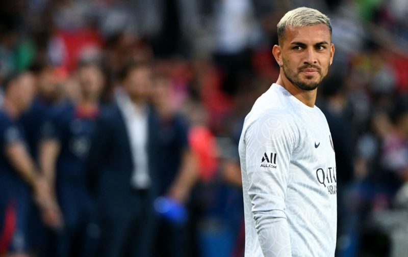 Paris Saint-Germain's Argentinian midfielder Leandro Paredes looks on prior the French L1 football match between Paris-Saint Germain (PSG) and AS M...