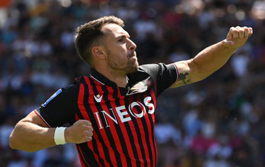 Nice's Welsh midfielder Aaron Ramsey celebrates scoring his team's first goal during the French L 1 football match between Toulouse FC and OGC Nice at Stadium TFC, in Toulouse, southwestern France on August 7, 2022. (Photo by Lionel BONAVENTURE / AFP) (Photo by LIONEL BONAVENTURE/AFP via Getty Images)