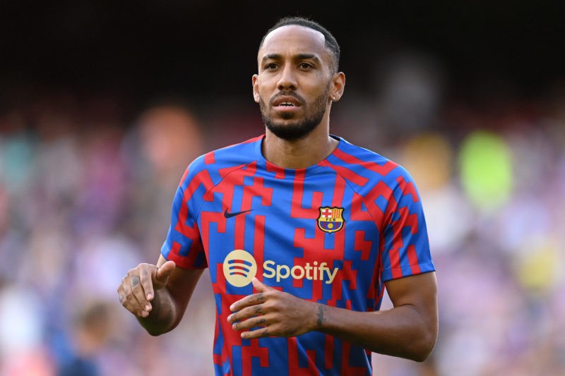Barcelona want Aubameyang for free again despite Chelsea fee 2 BARCELONA, SPAIN - AUGUST 28: Pierre-Emerick Aubameyang of Barcelona warms up prior to the LaLiga Santander match between FC Barcelona and Real Valladolid CF at Camp Nou on August 28, 2022 in Barcelona, Spain. (Photo by David Ramos/Getty Images)