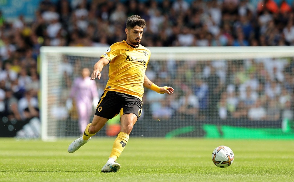 LEEDS, ENGLAND: Pedro Neto of Wolverhampton Wanderers watches the ball during the Premier League match between Leeds United and Wolverhampton Wande...