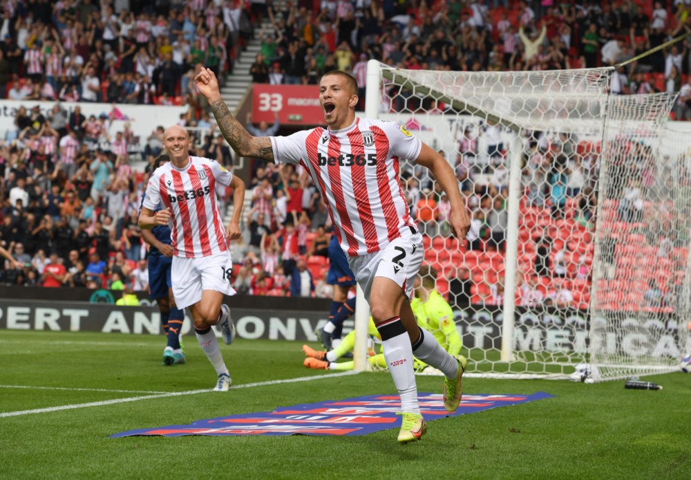 STOKE ON TRENT, ENGLAND: Harry Clarke of Stoke City celebrates scoring the first goal of the match during the Sky Bet Championship match between St...