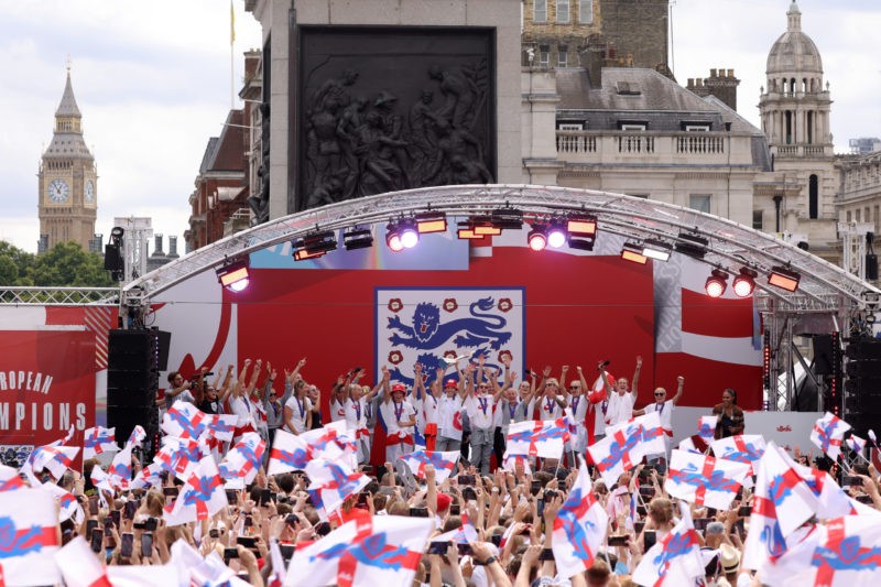 LONDON, ENGLAND - AUGUST 01: England players celebrate with fans during the England Women's Team Celebration at Trafalgar Square on August 01, 2022...