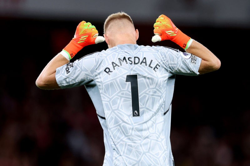 Could Diant Ramaj Arsenal arrival trigger Aaron Ramsdale's exit? 7 LONDON, ENGLAND - AUGUST 31: Aaron Ramsdale of Arsenal gestures to the back of their shirt after the final whistle of the Premier League match between Arsenal FC and Aston Villa at Emirates Stadium on August 31, 2022 in London, England. (Photo by Catherine Ivill/Getty Images)