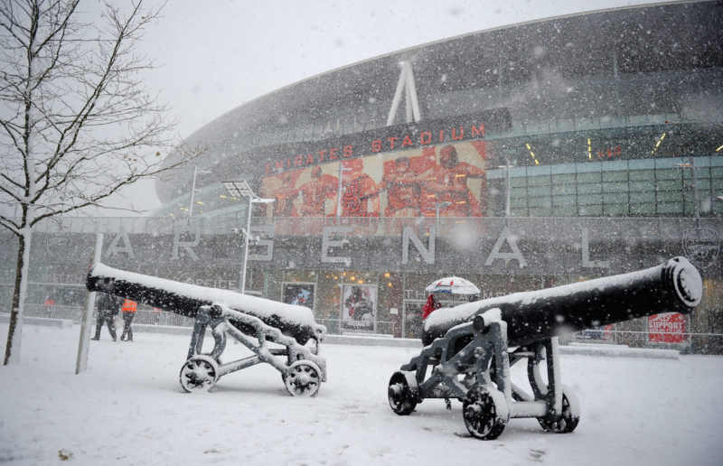 LONDON, ENGLAND - DECEMBER 18: Conditions in North London worsen as the match is postponed before the Barclays Premier League match between Arsenal...