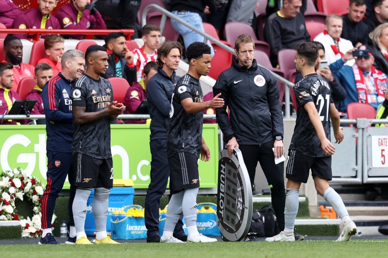 BRENTFORD, ENGLAND - SEPTEMBER 18: Ethan Nwaneri of Arsenal replaces teammate Fabio Viera during the Premier League match between Brentford FC and Arsenal FC at Brentford Community Stadium on September 18, 2022 in Brentford, England. (Photo by Alex Pantling/Getty Images)