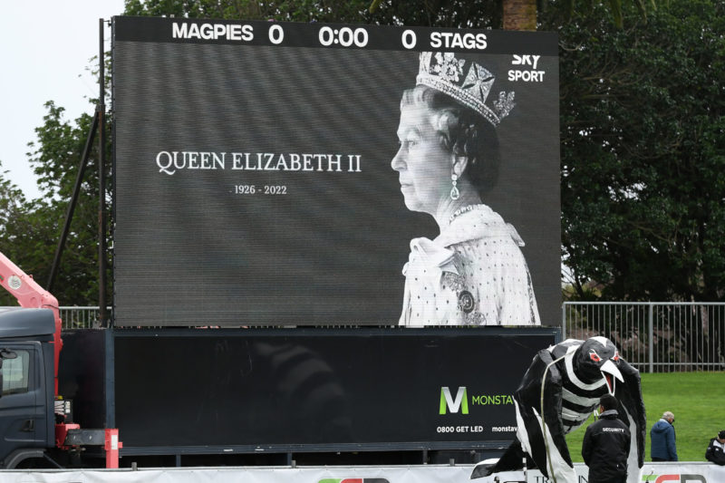 NAPIER, NEW ZEALAND - SEPTEMBER 10: A tribute is paid to the late Queen Elizabeth II before the round six Bunnings NPC match between Hawke's Bay an...