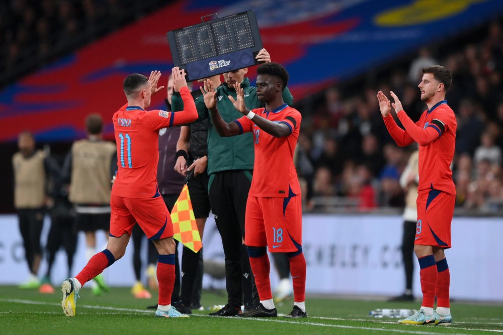 LONDON, ENGLAND: Bukayo Saka of England replaces Phil Foden of England during the UEFA Nations League League A Group 3 match between England and Ge...