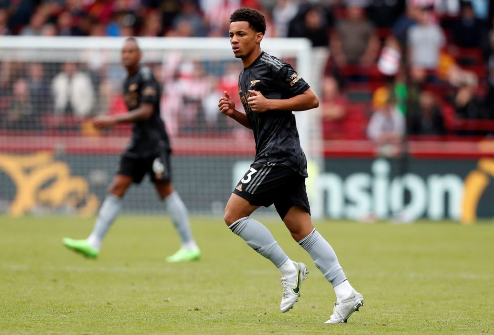 Arsenal's midfielder Ethan Nwaneri reacts during the English Premier League football match between Brentford and Arsenal at the Gtech Community Sta...