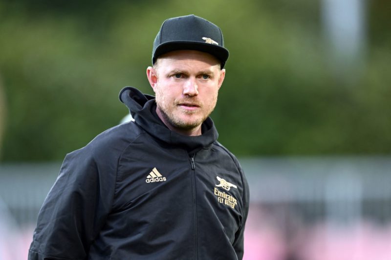 Arsenal WFC's head coach Jonas Eidevall looks on during the UEFA Champions League women's second round football match between Ajax Amsterdam and Ar...