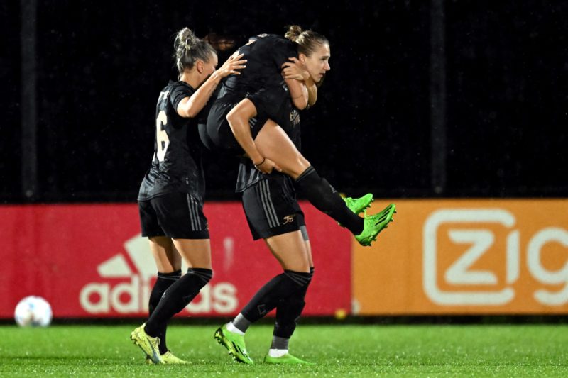 4 out but Miedema and others available for Manchester United 2 Arsenal's Dutch forward Vivianne Miedema (R) celebrates scoring the 0-1 goal during the UEFA Champions League women's second round football match between Ajax Amsterdam and Arsenal FC at De Toekomst sports complex in Amsterdam, on September 28, 2022. - Netherlands OUT (Photo by Gerrit van Keulen / ANP / AFP) / Netherlands OUT (Photo by GERRIT VAN KEULEN/ANP/AFP via Getty Images)